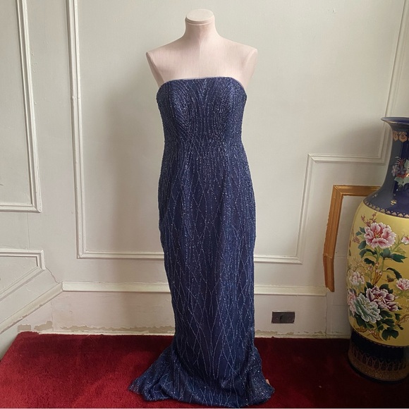 Marchesa Notte Navy Sequin Gown with Cape - Picture 2 of 16